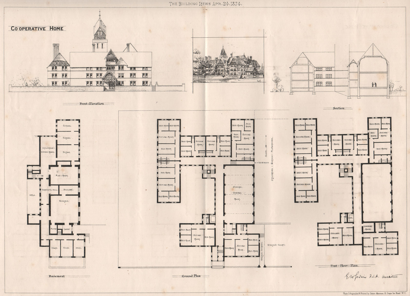 Co-operative home, EW Godwin, FSA, Architect. England 1874 old antique print